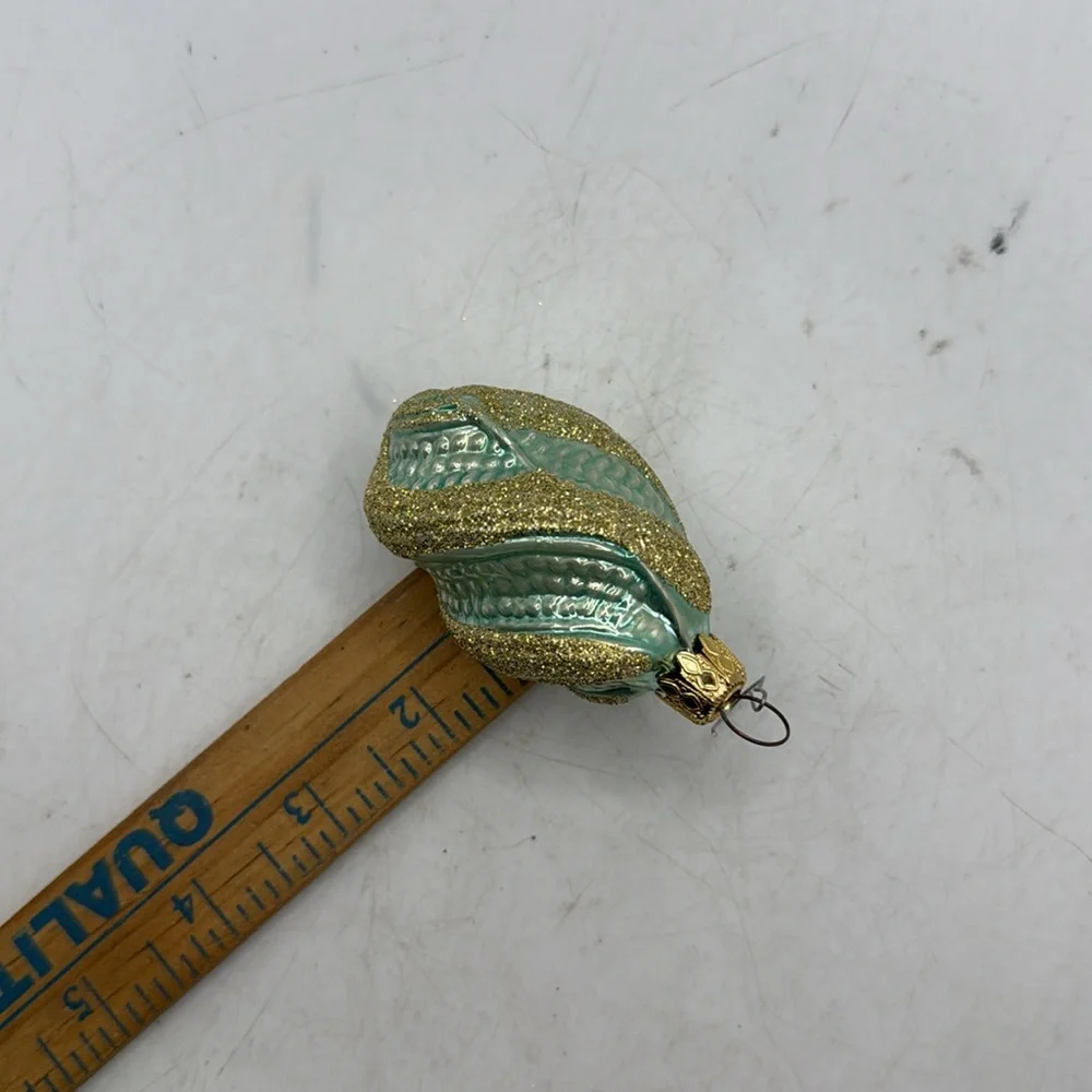 Vtg W Germany Gold Blue Glitter Christmas Glass Ornament Set 5 Collectible Swirl
